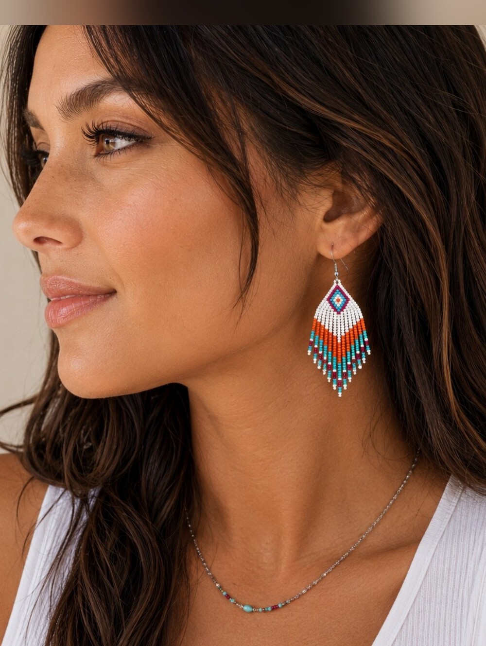 Handmade Multicolor Beaded Fringe Indigenous Earrings Boho New